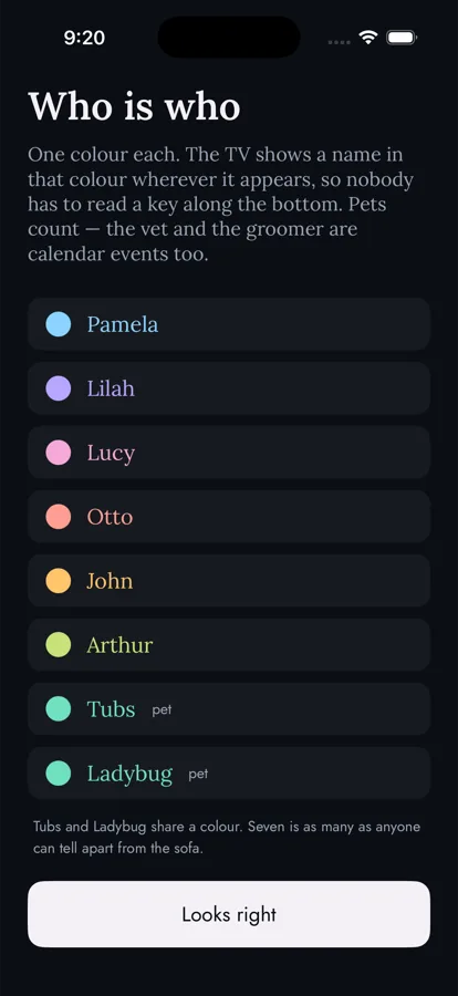 The Wallweekly phone app, showing each household member with their own colour.