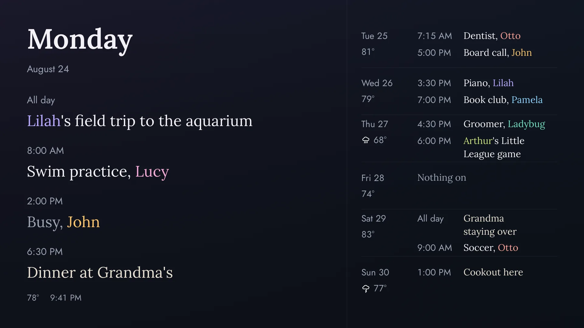 An Apple TV screen showing today's date and events on the left, with the rest of the week in a column on the right. Each person's events are in their own colour.